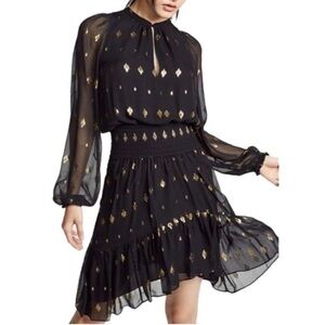 A.L.C women’s Sidney silk chiffon black & Gold Metallic Long sleeve mini dress 0